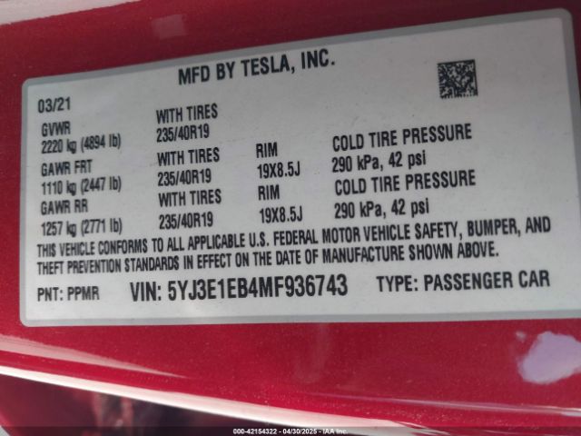 5YJ3E1EB4MF936743 Tesla Model 3 Long Range Dual Motor All-wheel Drive