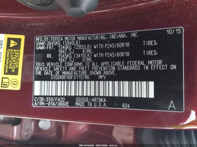 5TDZKRFH0FS115786 Toyota Highlander Le Plus V6