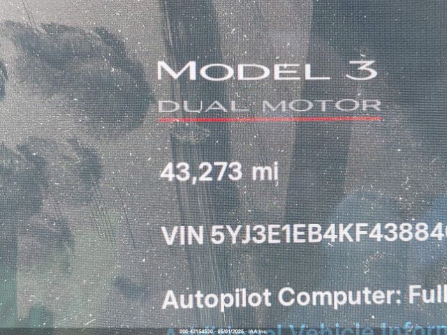 5YJ3E1EB4KF438846 Tesla Model 3 Long Range/performance