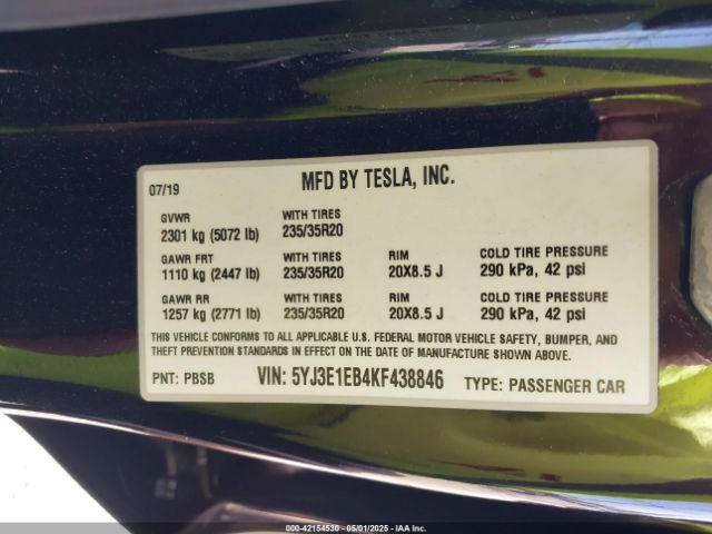 5YJ3E1EB4KF438846 Tesla Model 3 Long Range/performance