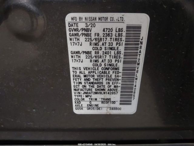 JN8AT2MV8LW142857 Nissan Rogue Sv Intelligent Awd