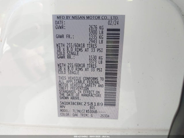 5N1DR3BC8RC258189 Nissan Pathfinder Sv 4wd