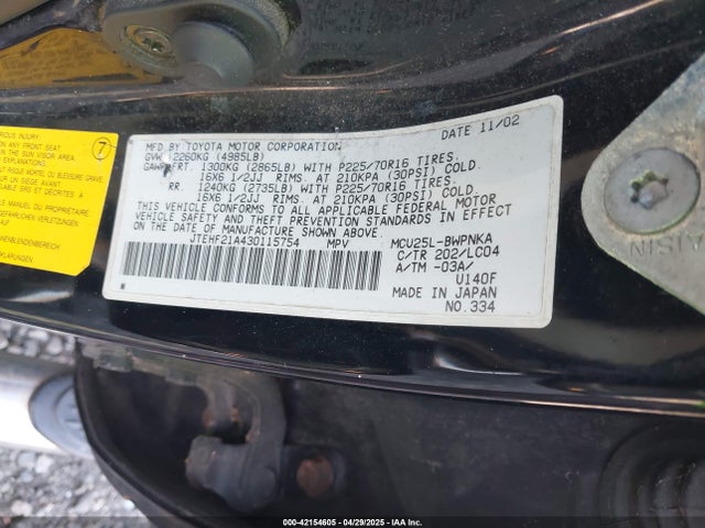 2003 Toyota Highlander Limited V6 მანქანა იყიდება აუქციონზე, vin: JTEHF21A430115754, აუქციონის ნომერი: 42154605