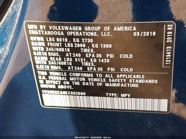 2019 VOLKSWAGEN ATLAS 1V2GR2CA6KC552560 Photo 8