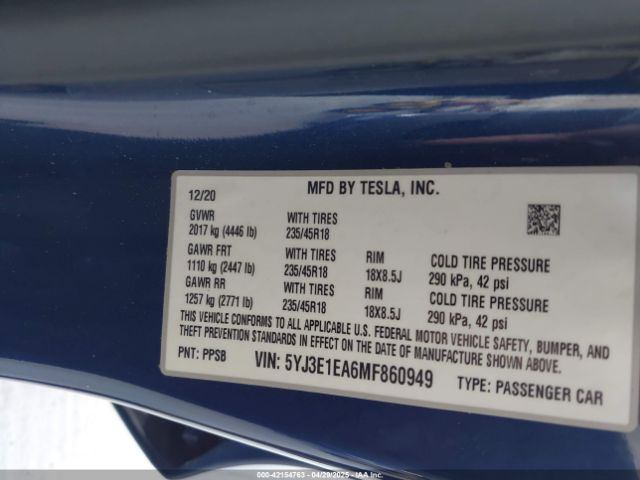 5YJ3E1EA6MF860949 Tesla Model 3 Standard Range Plus Rear-wheel Drive