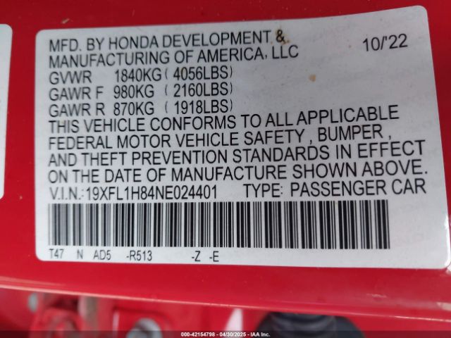 2022 HONDA CIVIC 19XFL1H84NE024401 Photo 8