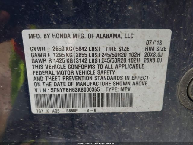 5FNYF6H63KB000365 Honda Pilot Touring