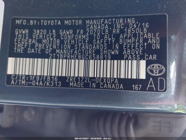 2T1BPRHE8GC658819 Toyota Corolla Le Eco
