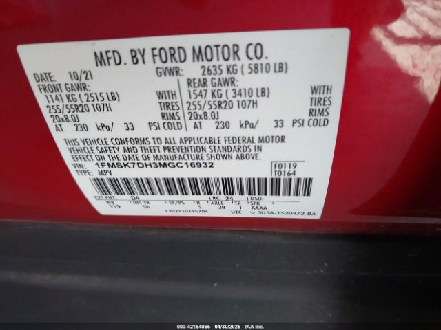 1FMSK7DH3MGC16932 Ford EXPLORER XLT
