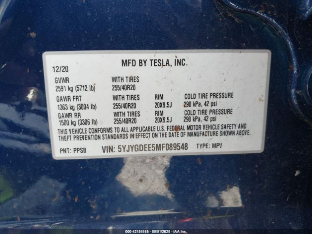 2021 TESLA MODEL Y 5YJYGDEE5MF089548 Photo 8