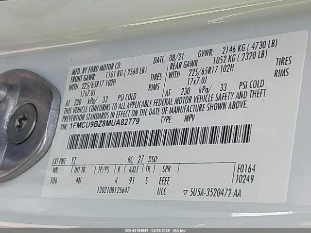 1FMCU9BZ8MUA82779 Ford hev/phev