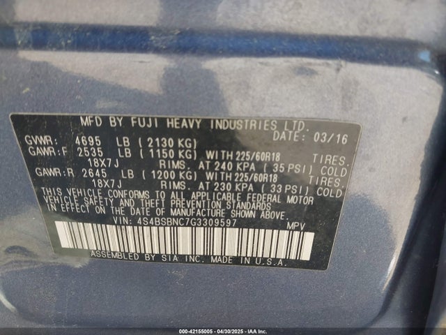 4S4BSBNC7G3309597 Subaru Outback 2.5i Limited