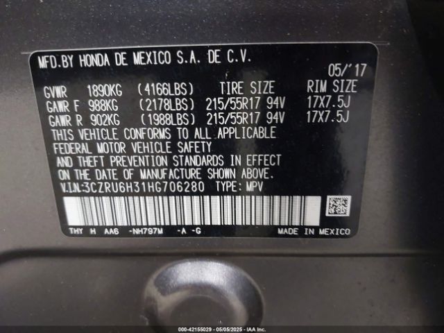 3CZRU6H31HG706280 Honda HR-V LX