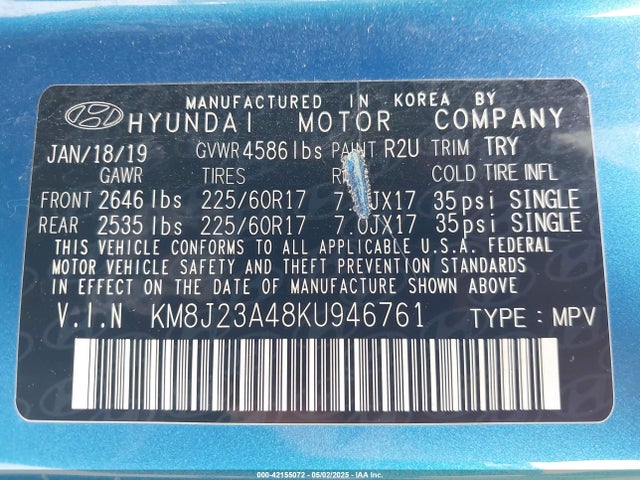 KM8J23A48KU946761 Hyundai TUCSON SE