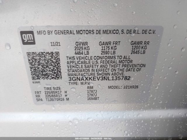 3GNAXKEV3NL135782 Chevrolet Equinox Fwd Lt