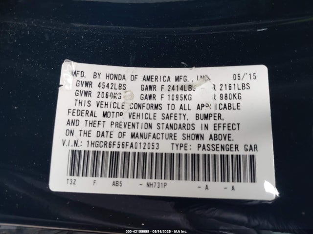 1HGCR6F56FA012053 Honda Accord Hybrid Ex-l
