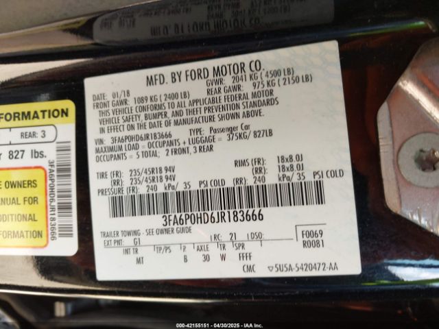3FA6P0HD6JR183666 Ford FUSION SE