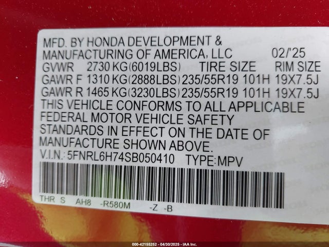 5FNRL6H74SB050410 Honda Odyssey Sport-l