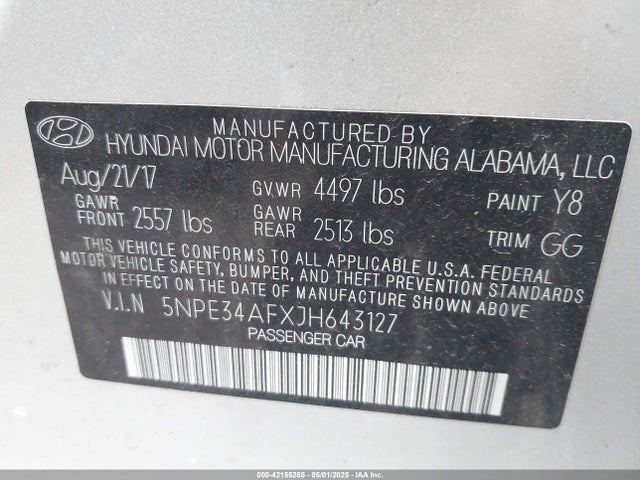 5NPE34AFXJH643127 Hyundai SONATA SEL