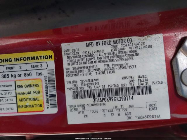 3FA6P0K99GR390114 Ford Fusion Titanium