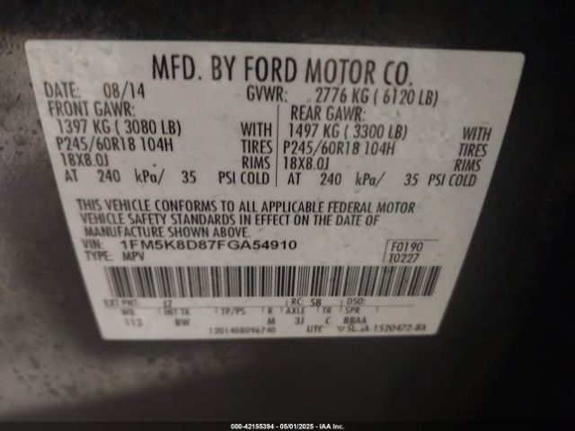 1FM5K8D87FGA54910 Ford EXPLORER XLT