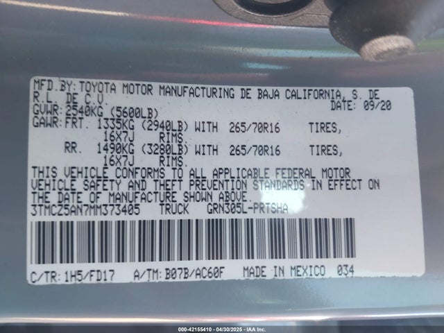 3TMCZ5AN7MM373405 Toyota Tacoma 4wd Trd Off Road