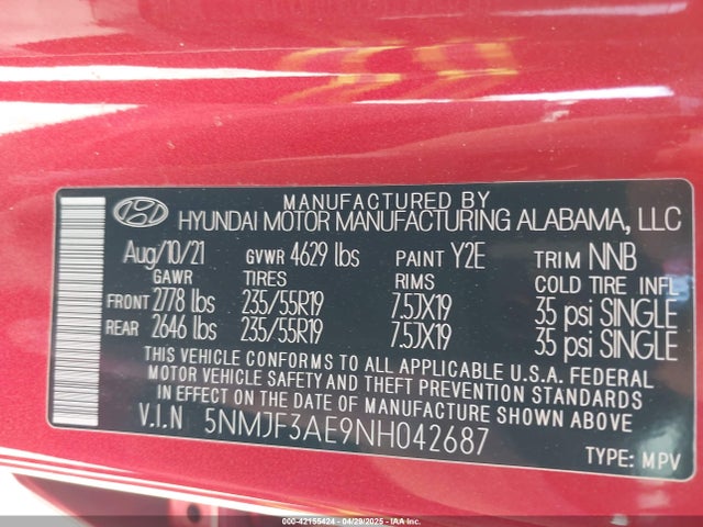 5NMJF3AE9NH042687 Hyundai TUCSON SEL