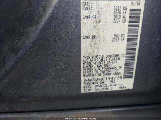1N4AL3AP7GC154728 Nissan Altima 2.5/2.5 S/2.5 Sl/2.5 Sr/2.5 Sv