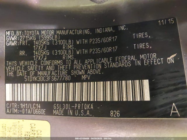 5TDYK3DC3FS677780 Toyota Sienna Xle 8 Passenger