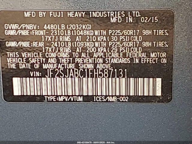 Subaru Forester 2.5i 2015 JF2SJABC1FH587131 Image 9