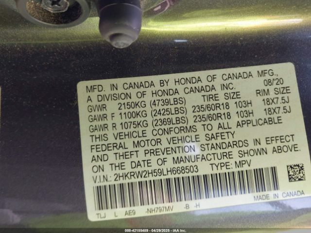 2HKRW2H59LH668503 Honda Cr-v Awd Ex
