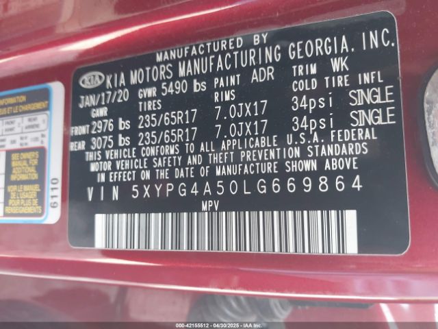 5XYPG4A50LG669864 KIA Sorento 3.3l Lx