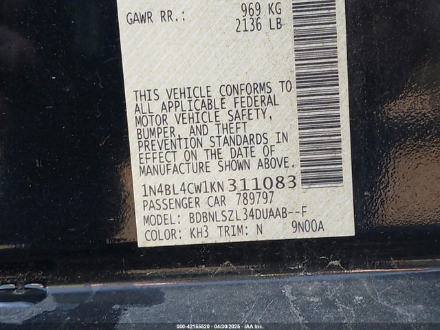 1N4BL4CW1KN311083 Nissan Altima 2.5 Sr