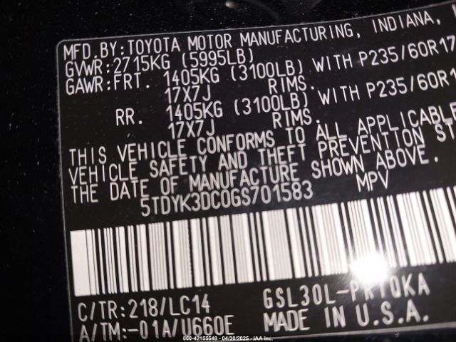 5TDYK3DC0GS701583 Toyota Sienna Xle 8 Passenger