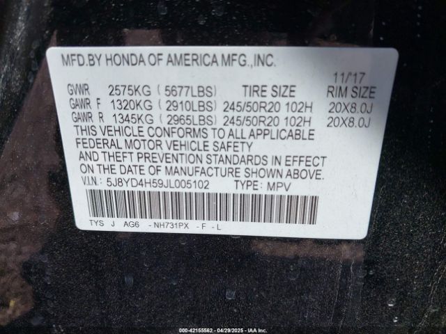 5J8YD4H59JL005102 Acura Mdx Technology Package   Acurawatch Plus Pkg