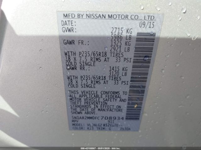 5N1AR2MM0FC708934 Nissan Pathfinder Sl