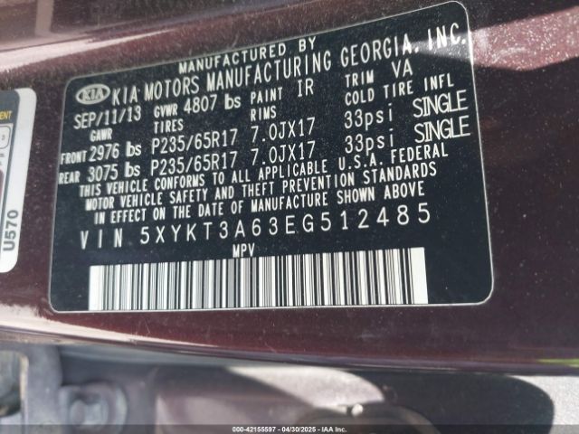 5XYKT3A63EG512485 KIA SORENTO LX