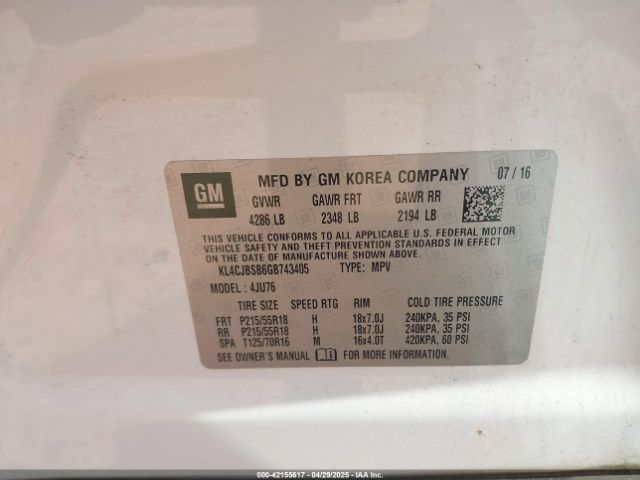 KL4CJBSB6GB743405 Buick Encore Convenience