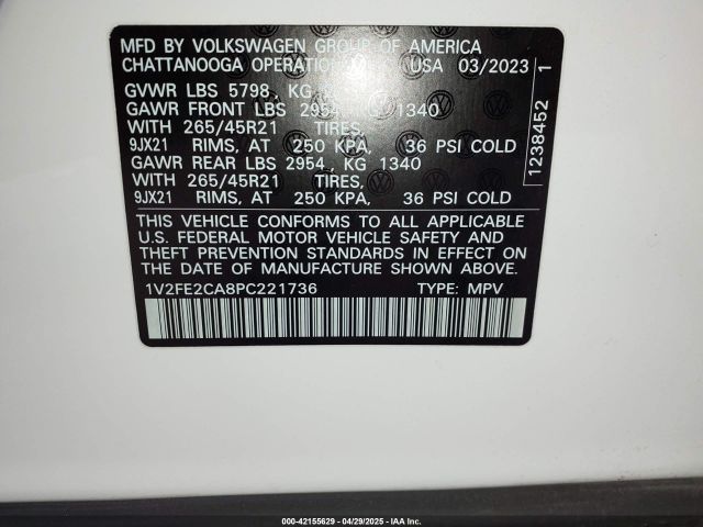 1V2FE2CA8PC221736 Volkswagen Atlas Cross Sport 3.6l V6 Sel Premium R-line