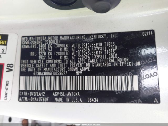 4T3BA3BB6EU059627 Toyota Venza Xle