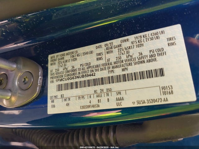 1FMCU0G63NUB59442 Ford ESCAPE SE