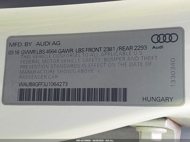 WAUB8GFF3J1064273 Audi A3 2.0t Premium/2.0t Tech Premium