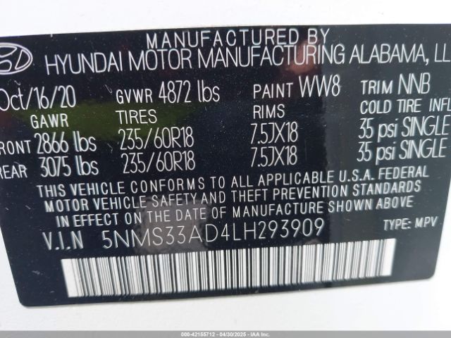5NMS33AD4LH293909 Hyundai Santa Fe Sel