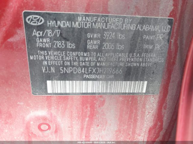 5NPD84LFXJH219666 Hyundai ELANTRA SEL