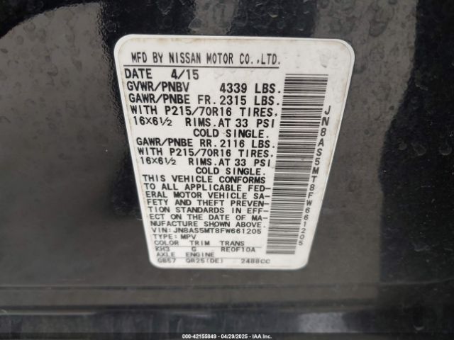 JN8AS5MT8FW661205 Nissan Rogue Select S
