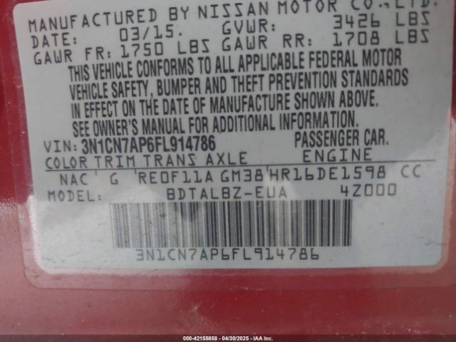 3N1CN7AP6FL914786 Nissan Versa 1.6 Sv