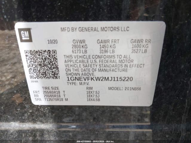 1GNEVFKW2MJ115220 Chevrolet Traverse Awd Ls