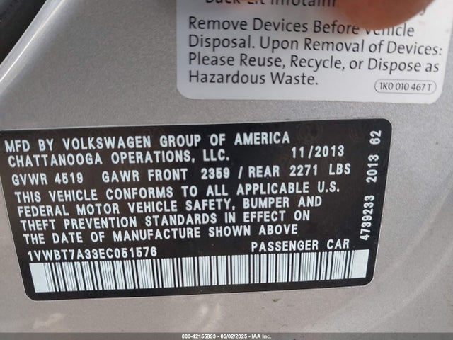 1VWBT7A33EC051576 Volkswagen Passat 1.8t Se