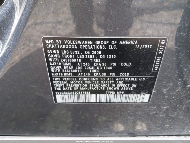 1V2CR2CA3JC547622 Volkswagen Atlas 3.6l V6 Se