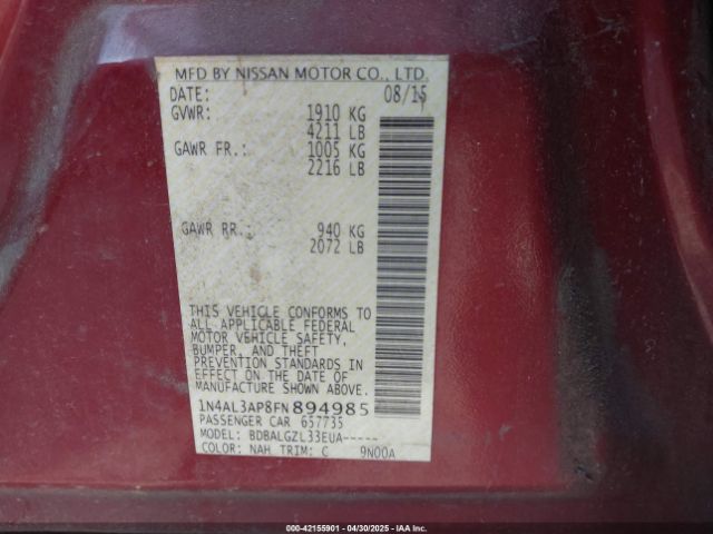 1N4AL3AP8FN894985 Nissan Altima 2.5/2.5 S/2.5 Sl/2.5 Sv